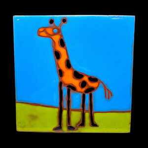 Vintage 1976 Happy Giraffe Romany USA 6" Accent Glazed Tile Trivet Art